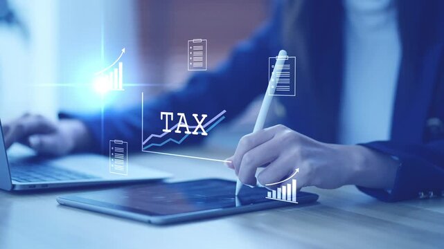 Digital tax filing Tax return financial planning analyzing  data revenue deductions filing income tax online payment mobile app computer technology. Business tax management economy 