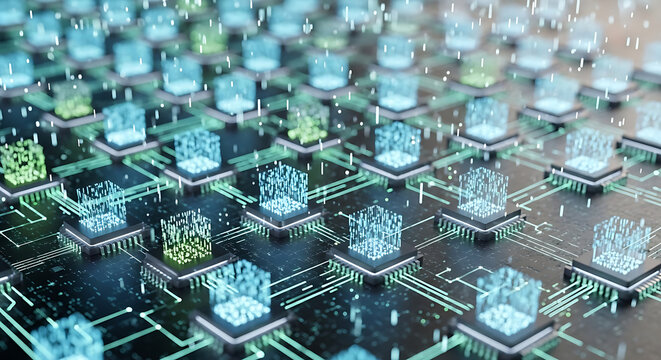 Advanced electronic microchip node interlinked via intricate conductive trace line symbolizing autonomous decision making artificial intelligence and neural computing system.