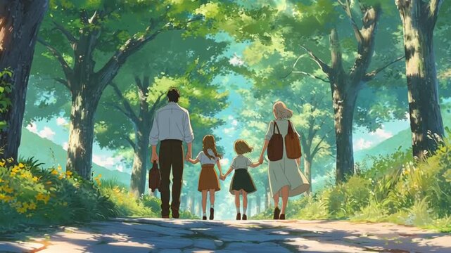 Family Walking Hand in Hand Through a Serene Forest Path