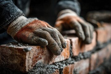 Hands of bricklayer wearing gloves carefully building brick wall with mortar, showing craftsmanship and construction work in progress with focus on textured gloves and bricks