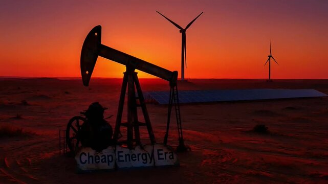 sunset in desert with old oil pump jack working against background of modern wind turbines and solar panels symbolizing transition from cheap energy era