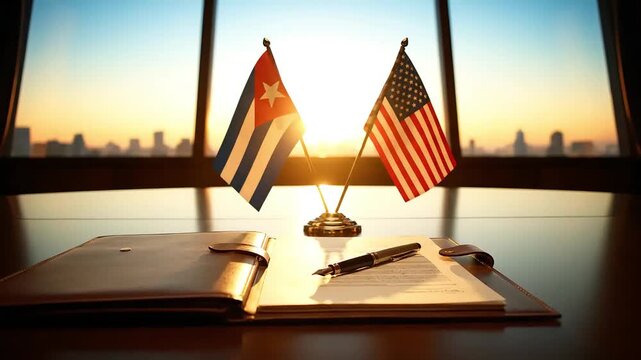 open folder with documents and a pen on a negotiation table against the background of the flags of cuba and the usa and a city landscape at sunset symbolizing signing a treaty