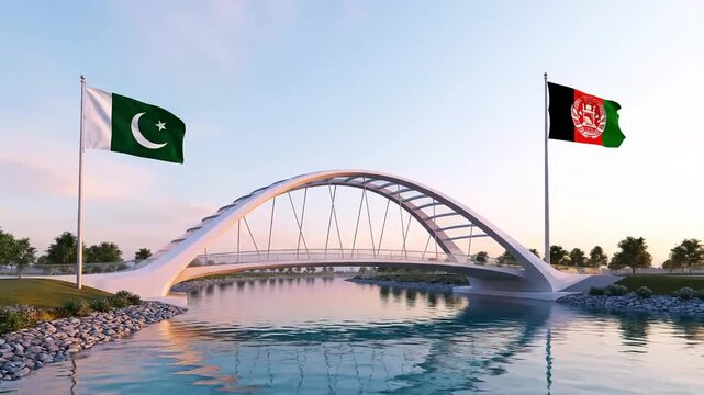 modern white arched bridge across the river with the flags of pakistan and afghanistan against a clear sky symbolizing cross-border cooperation infrastructure and peaceful relations