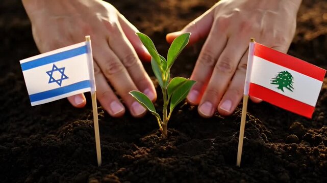 hands planting a young sprout in the ground between israel and lebanon flags as symbol of hope
