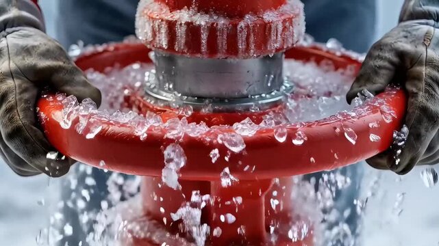 person in protective gloves tries to turn frozen valve on red industrial equipment ice fragments fall during movement concept of working in harsh winter conditions of the north arctic