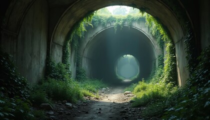 Naklejka premium Overgrown concrete tunnel interior, green vines cover walls. Sunbeams pierce dark path leading to distant light. Abandoned passage in wild nature.