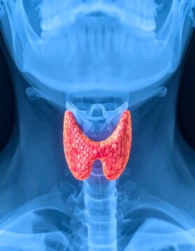 A medical illustration of a human neck with highlighted thyroid gland