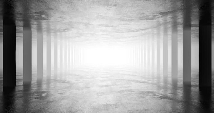 Abstract monochrome tunnel corridor with pillars and bright mist 3d loop animation