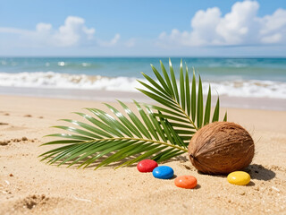 Tropical beach with palm tree leaves, colorful pebbles and coconut on the sand