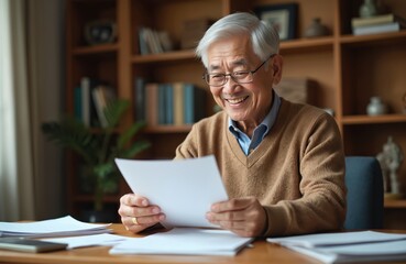 Fototapeta premium Asian elder man happily sorts papers at home office desk. Mature gentleman reviews documents with smile in cozy room. He plans finances or organizes files with content.