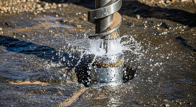 Industrial metal drill bit and mechanical pump head discharging clear artesian water during deep well installation for groundwater extraction and irrigation maintenance on site.