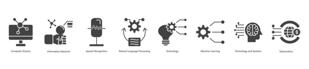 Core computer science banner web icon vector illustration featuring icons of computer science, information retrieval, speech recognition, natural language processing, technology, machine learning © rann_design