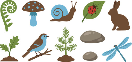 Woodland spring nature elements with fern mushroom snail ladybug rabbit in moss green earthy brown sky blue for natural forest branding design © Madhuka Disanayaka