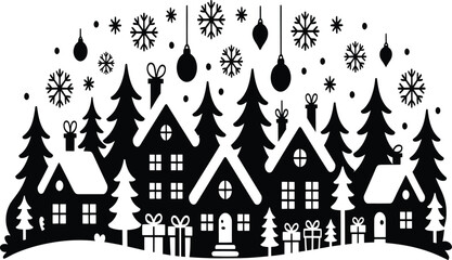 Obraz premium Black silhouette of a winter village with houses and trees