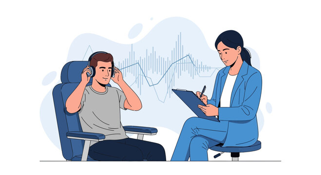 Audiologist testing patient hearing with headphones and audiogram graph background