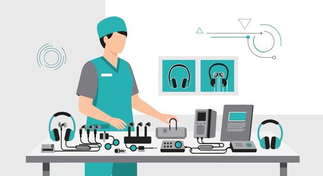 Audiologist with Hearing Test Equipment and Audiometer on Table