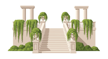 Fototapeta premium A symmetrical double-sided light beige stone staircase with sturdy columns and urns is adorned with bushy green plants and hanging ivy on a white background.