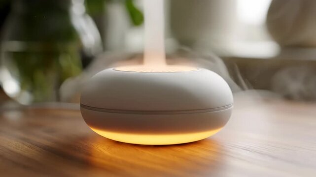 Aroma diffuser wellness technology harmony glowing steam on wooden table by window light gentle steam relaxation scene