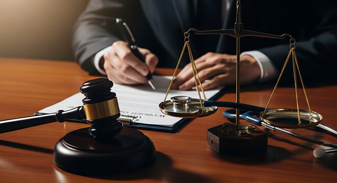 Lawyer signing legal document for medical malpractice litigation with judge gavel bronze scales of justice and stethoscope representing wrongful death claim settlement and clinical accountability.
