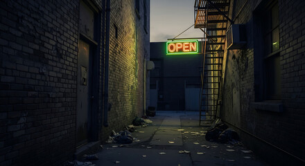 Fototapeta premium dark alleyway open neon sign night.