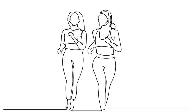 Continuous line drawing of two women jogging together. Minimalist one-line art of female runners. sketch for fitness, marathon training, and healthy lifestyle themes.