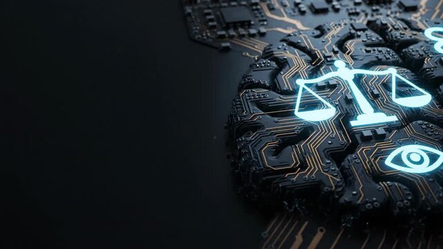 Ethical artificial intelligence justice scale glowing on circuit board cyber law balance symbol and tension and hope
