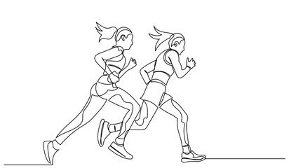 Fototapeta premium Continuous line drawing of two women running side by side. Minimalist one-line art of female joggers in motion. Perfect for fitness, marathons, and sports branding.female run vector illustration