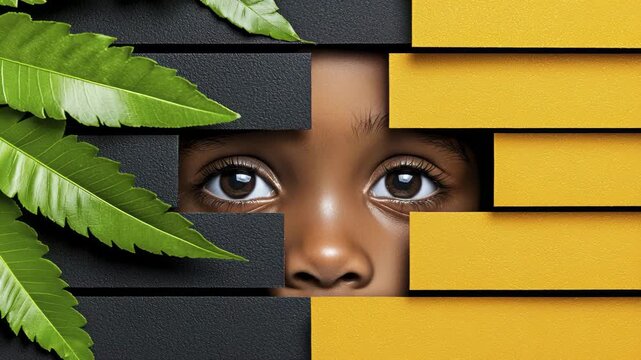 African Child's Eyes Peeking with Green Leaves, Geometric Pattern