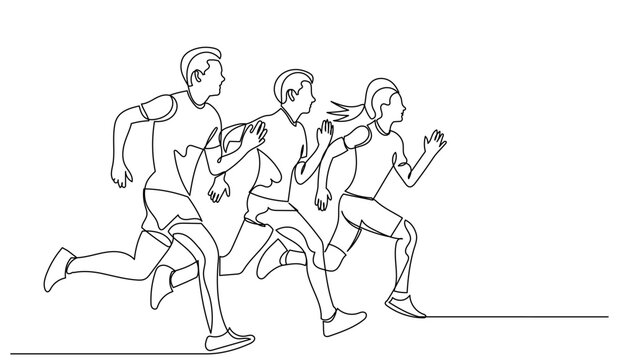 One continuous line drawing of three runners in motion, outline illustration of people jogging together. sport concept, active lifestyle, fitness training, marathon run isolated on a white background.