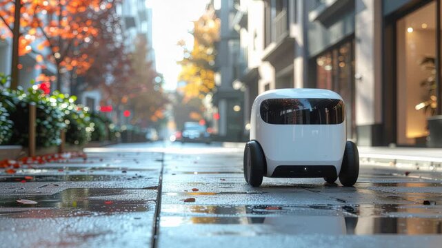 Smart delivery robot city street development scene after rain with autumn tree reflection charming future mood wet smart city