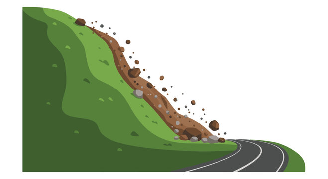 A brown dirt landslide spills various sizes of rocks and boulders from a multi-toned green hillside onto a curving grey asphalt road against a plain white background.
