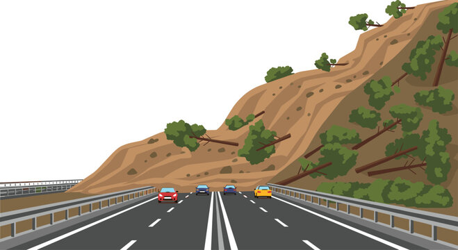 Four colorful cars drive on a multi-lane highway toward a massive brown earth landslide covered in fallen pine trees that completely blocks the road ahead under a white sky.
