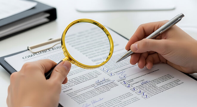 Person using magnifying glass and writing pen to review business document on clipboard for corporate compliance management, professional auditing, regulatory legal oversight, and quality control.