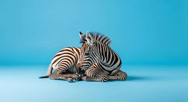 Two zebras sitting together on blue background looking cute