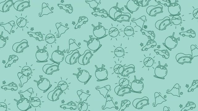 Whimsical seamless pattern with hand-drawn doodles on a pastel teal background. Features cute monsters, cars, suns, and mountains for playful designs.