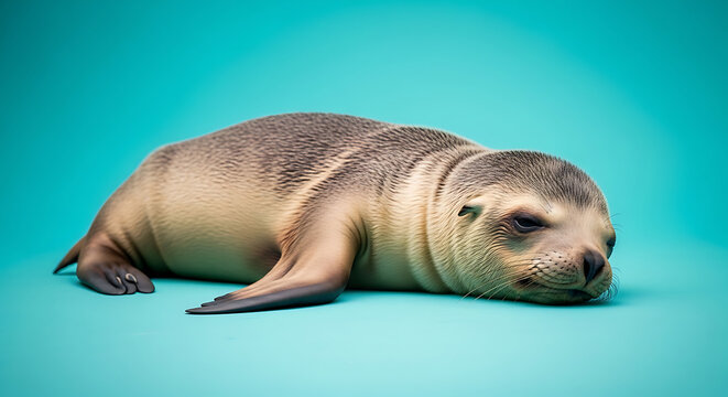 A large seal lies on a turquoise surface looking right