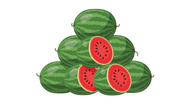 Eight striped watermelons are arranged in a pyramid, with two cut open to show red flesh and seeds, on a clean white background.