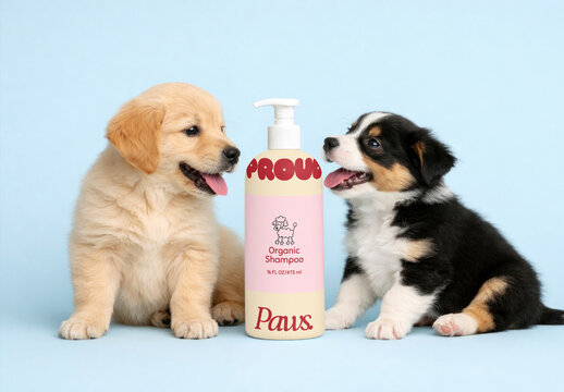 Adorable Puppies With Organic ShampooMockup PSD