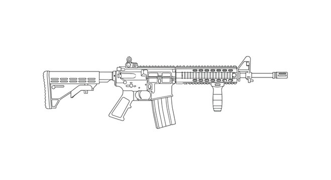 A precise black outline drawing of an M4 carbine rifle, featuring its stock and barrel, is displayed horizontally on a plain white background.