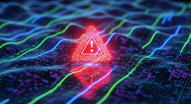 Luminous triangular warning icon pulsing on a futuristic digital wave surface symbolizing cybersecurity threat hunting and network surveillance alert in a high tech virtual environment