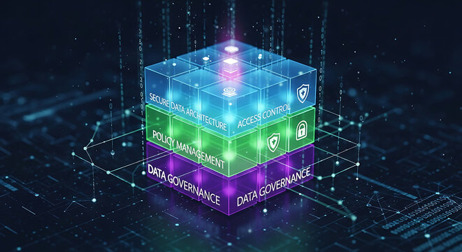 Glowing illuminated stacked cubic grid representing digital data governance policy access control and secure information architecture infrastructure with neon blue lighting and network connectivity.