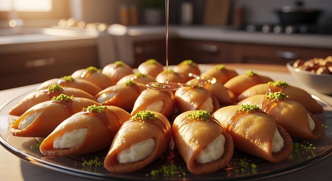 cream-filled qatayef drizzled with golden syrup and pistachios on a plate a delicious traditional middle eastern dessert in a warm kitchen setting.