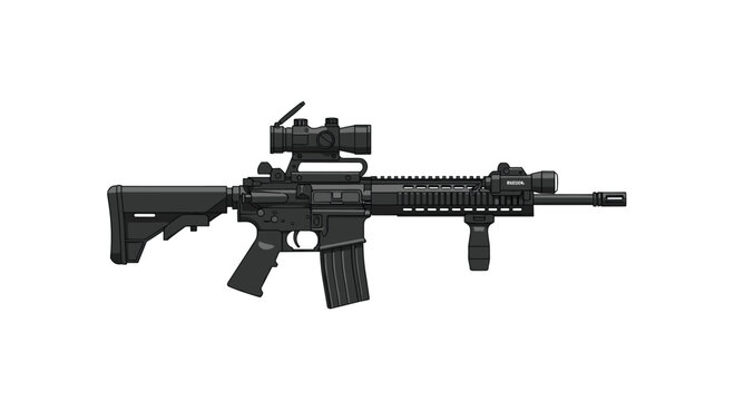 A detailed, shaded illustration of an M4 carbine rifle, complete with a scope and tactical light, rests on a white background.