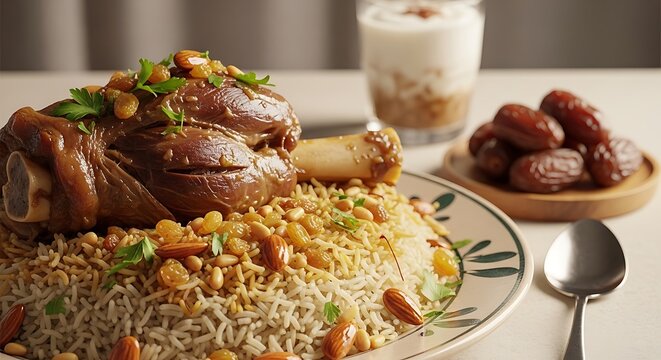 savory braised lamb shank on fragrant seasoned rice garnished with nuts and raisins a traditional middle eastern meal.