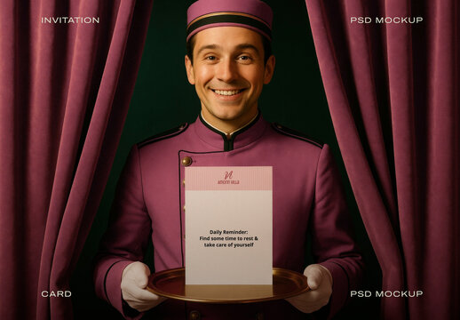 Elegant Hotel Staff Holding Card Mockup PSD