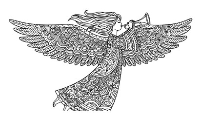 Flying zentangle Christmas angel playing trumpet intricate line art vector for laser cut coloring pages and festive decoration © MdMafijur
