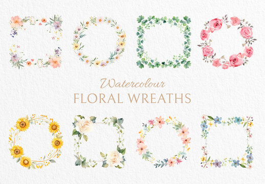 Elegant Watercolor Floral Wreaths Element Design Set