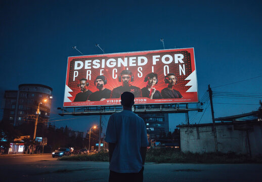 Man Observing Illuminate Urban Billboard Mockup PSD