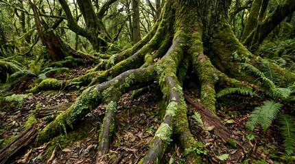 Mysterious Ancient Forest Scene with Extensive Moss-Covered Tree Roots Sprawling Across Lush Woodland Floor