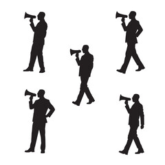 Set of Businessman Silhouette Holding Megaphone and Shouting, Professional Male Figures in Suits Communicating Ideas and Marketing Announcements Isolated